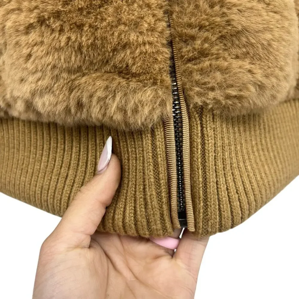 BANANA REPUBLIC Tan Teddy Puffy Faux Shearling Fur Jacket Zip Front Size Small - Picture 6 of 10